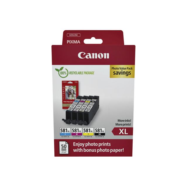 Canon - Inkcartridge Canon CLI -581XL + 50 Blatt 10x15cm | Schnappen Sie sich ein 4 -Stück