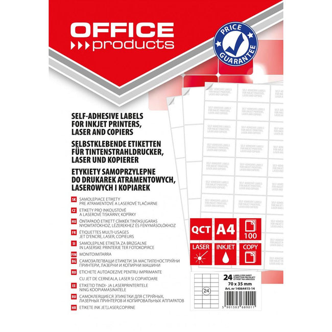 OFFICE products -   etiketten, wit, rechte hoeken, 100 vel, 70 x 35 mm, 24 etiketten per vel