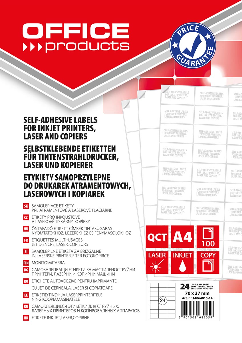 OFFICE products - labels, white, right corners, 100 sheets, 70 x 37 mm, 24 labels per sheet