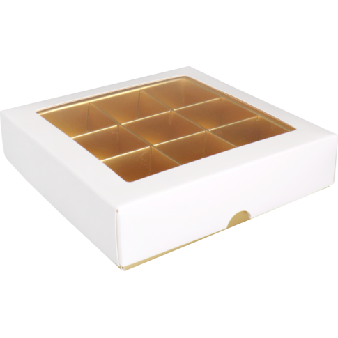 bonbonnière | carton + PE | 9 compartiments | 105x105x30mm | blanc/or | 25 pièces