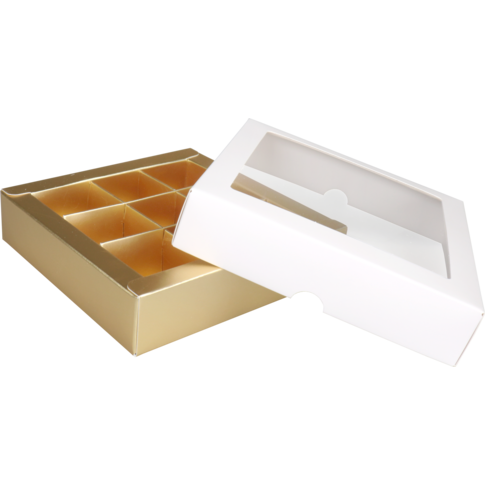 bonbonnière | carton + PE | 9 compartiments | 105x105x30mm | blanc/or | 25 pièces