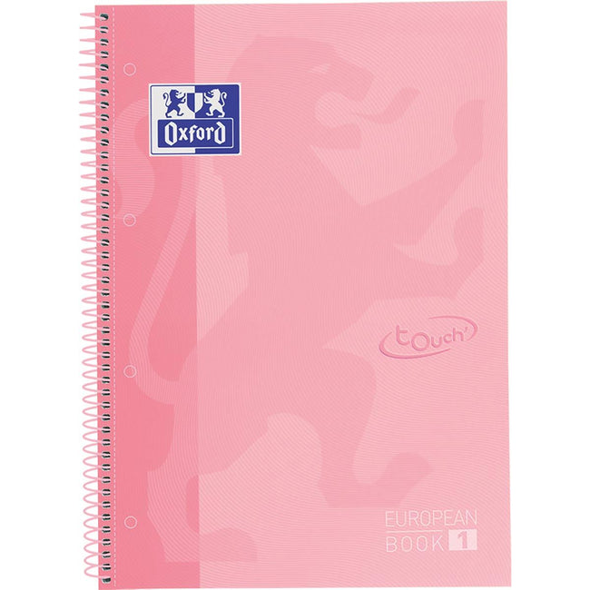 Oxford -  School Touch peanbook spiraalblok, ft A4+, 160 bladzijden, geruit 5 mm, pastel roze