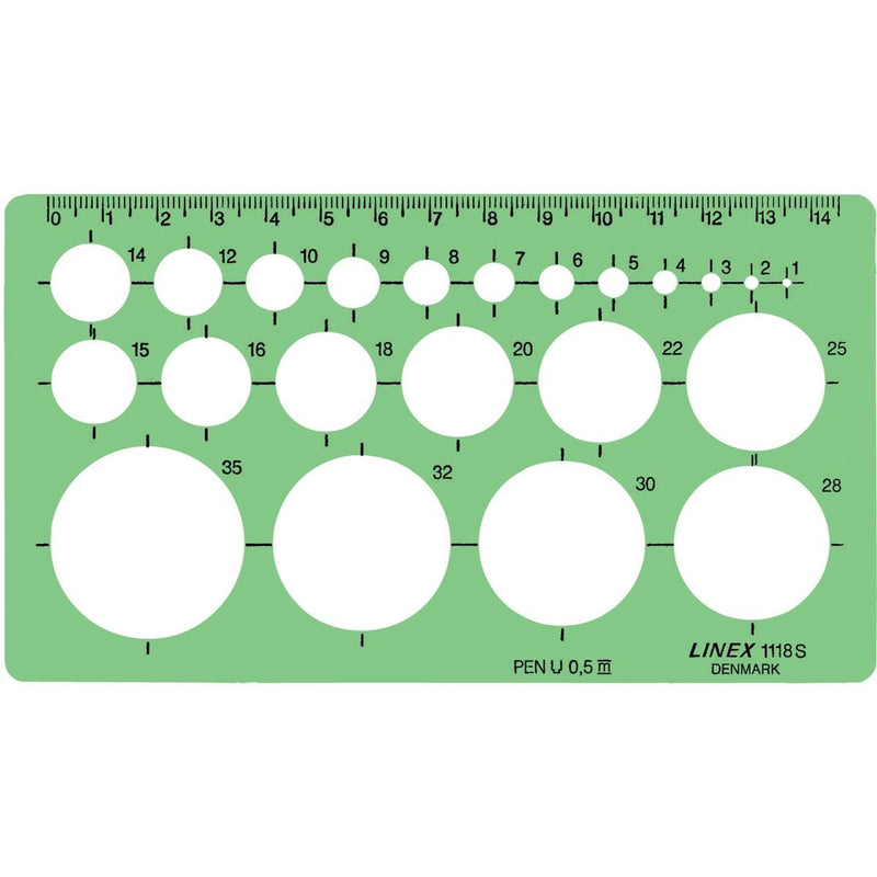Linex -  cirkelsjabloon 1 35 mm, met 22 cirkels en uitlijnmarkering
