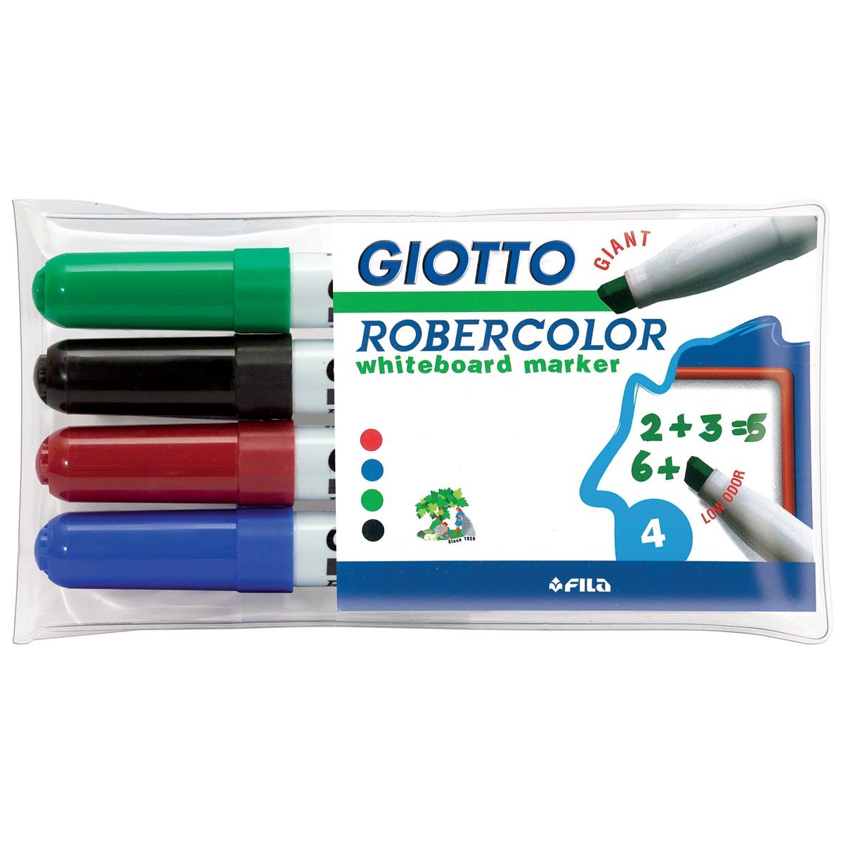 Giotto - Rotulador de pizarra Robercolor maxi, punta biselada, estuche con 4 piezas en colores surtidos