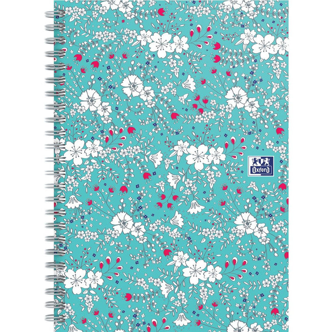 Oxford - Cuaderno de espiral con tapa dura floral, tamaño B5, 60 hojas, cuadros 5 mm, turquesa