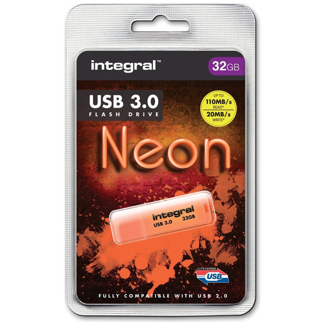 Integral - Neon USB 3.0 stick, 32 GB, oranje