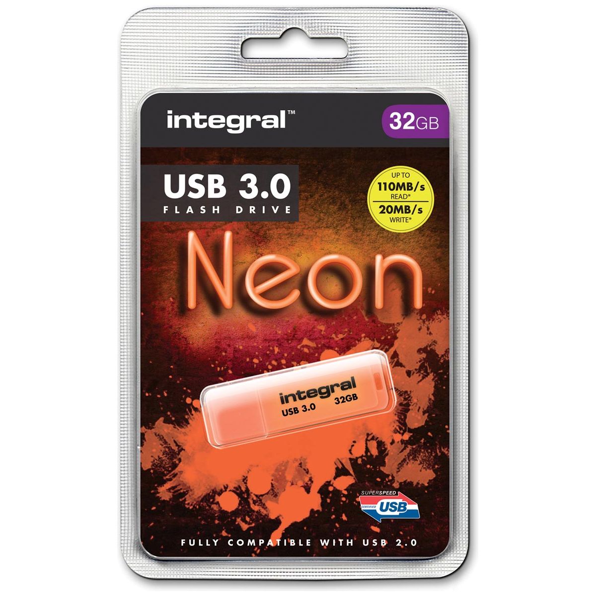 Integral - Neon USB 3.0 stick, 32 GB, oranje