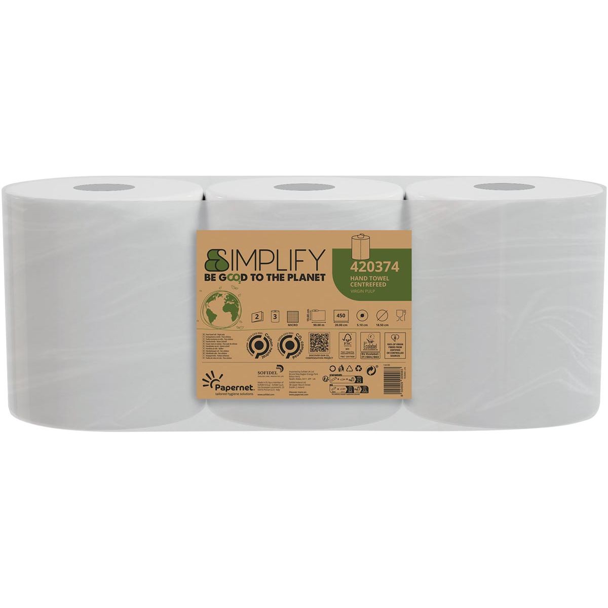 Papernet -   papieren handdoeken Simplify Centerfeed, 2-laags, 90 m, 450 vel, pak van 3 rollen