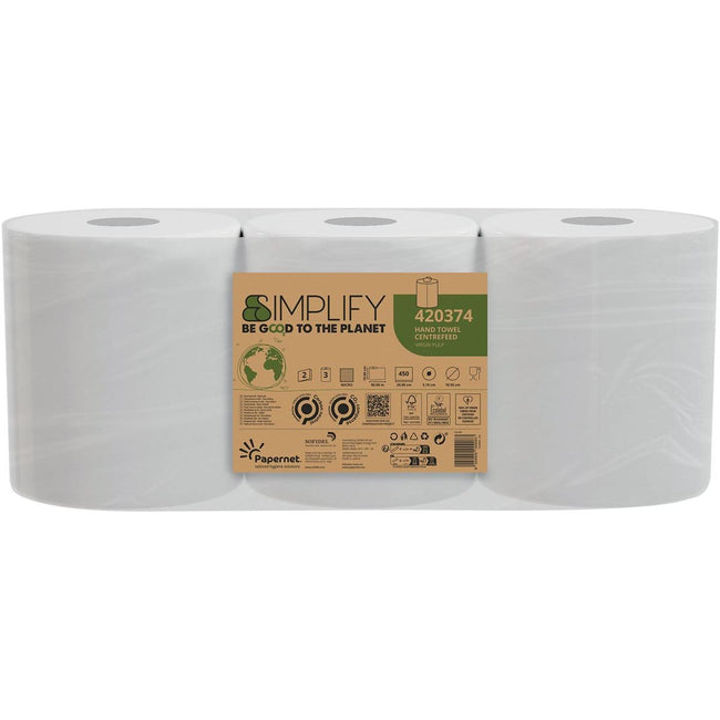 Papernet -   papieren handdoeken Simplify Centerfeed, 2-laags, 90 m, 450 vel, pak van 3 rollen