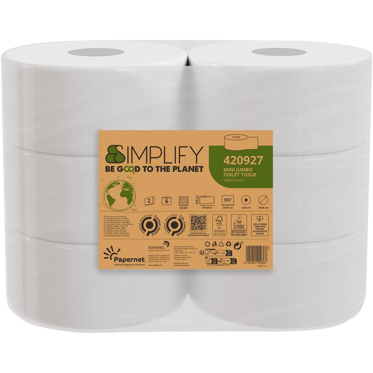 Papernet - papier toilette Papernet Simplify Mini, 2 couches, 557 feuilles, paquet de 6 rouleaux