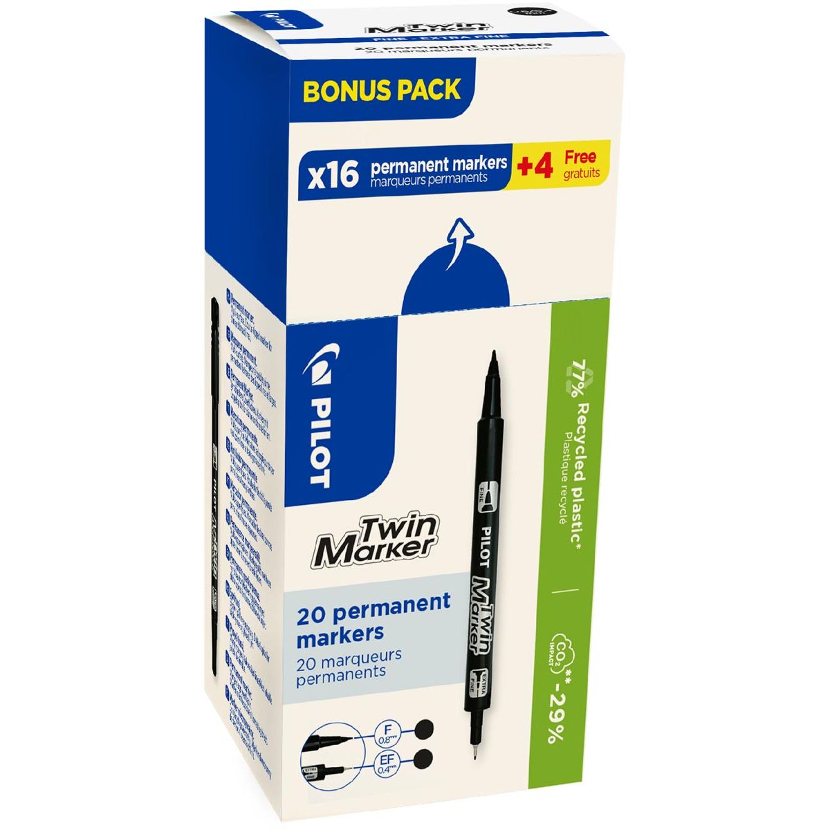 Pilot - permanent marker Twin, box of 16 + 4 pieces, black