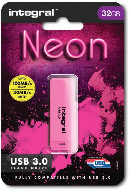 Integral - Neon USB 3.0 stick, 32 GB, pink