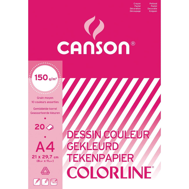 Canson - Papier à dessin Colorline, 150 g, pi 21 x 29,7 cm, A4, couleurs assorties, bloc de 20 feuilles