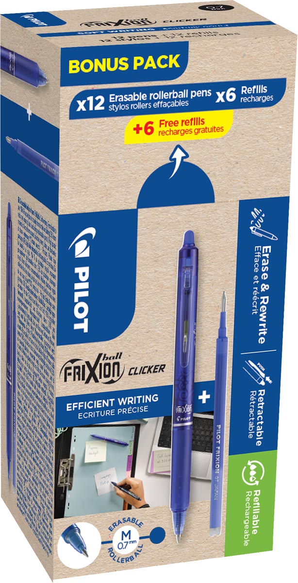 Pilot - Frixion Ball Clicker, 12 rollers and 6+6 refills 0.7 mm, blue