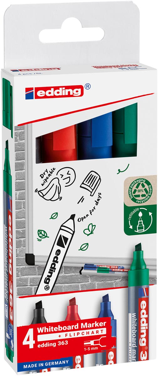 Edding -  whiteboard marker E-363, geassorteerde kleuren, blister van 4 stuks