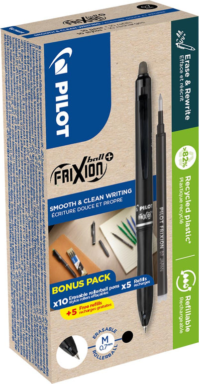 Pilot - FriXion Ball Plus roller, medium, black, box of 10 pieces + 10 refills