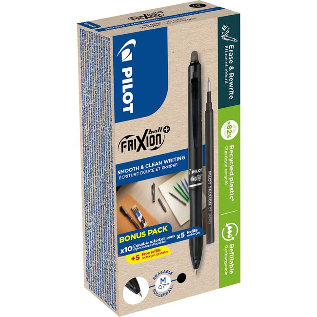Pilot -  FriXion Ball Plus roller, medium, zwart, doos van 10 stuks + 10 navullingen