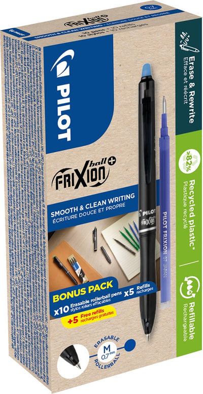 Pilot -  FriXion Ball Plus roller, medium, blauw, doos van 10 stuks + 10 navullingen