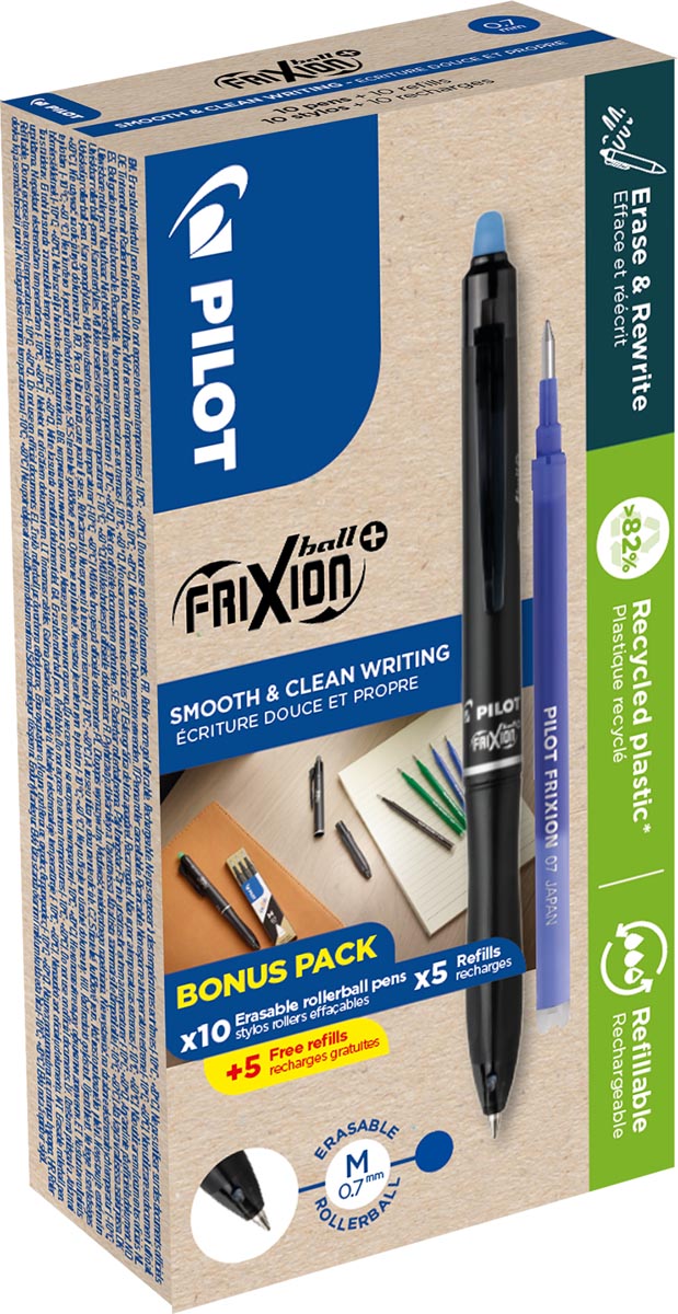 Pilot -  FriXion Ball Plus roller, medium, blauw, doos van 10 stuks + 10 navullingen
