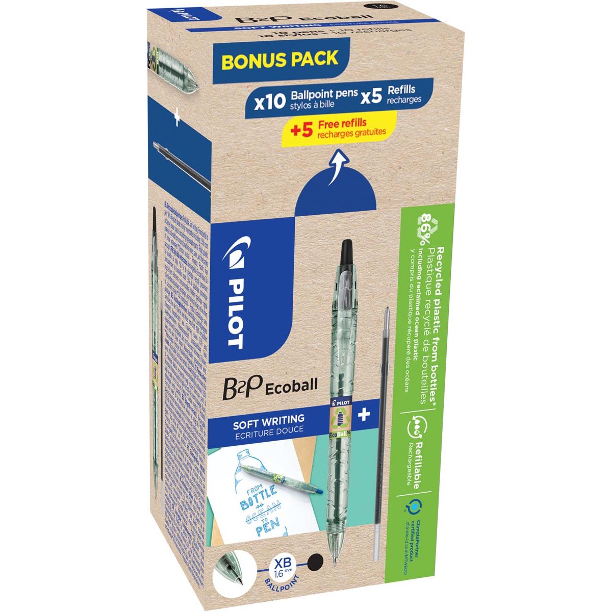 Pilot - Penna a sfera Ecoball B2P BeGreen, grande, nera, scatola da 10 pezzi + 10 ricariche