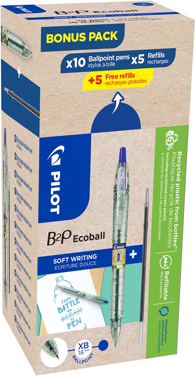 Pilot - Penna a sfera Ecoball B2P BeGreen, grande, blu, scatola da 10 pezzi + 10 ricariche