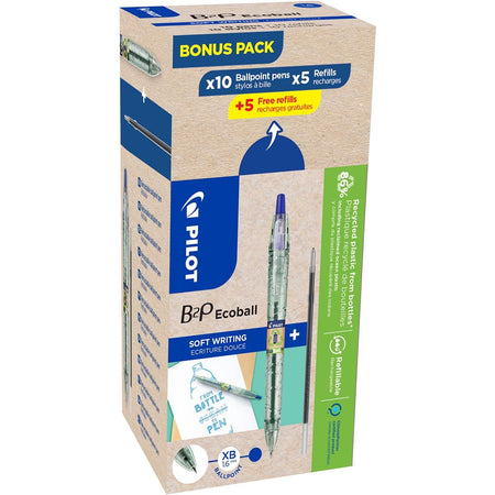 Pilot - Bolígrafo Ecoball B2P BeGreen, grande, azul, caja de 10 piezas + 10 recambios