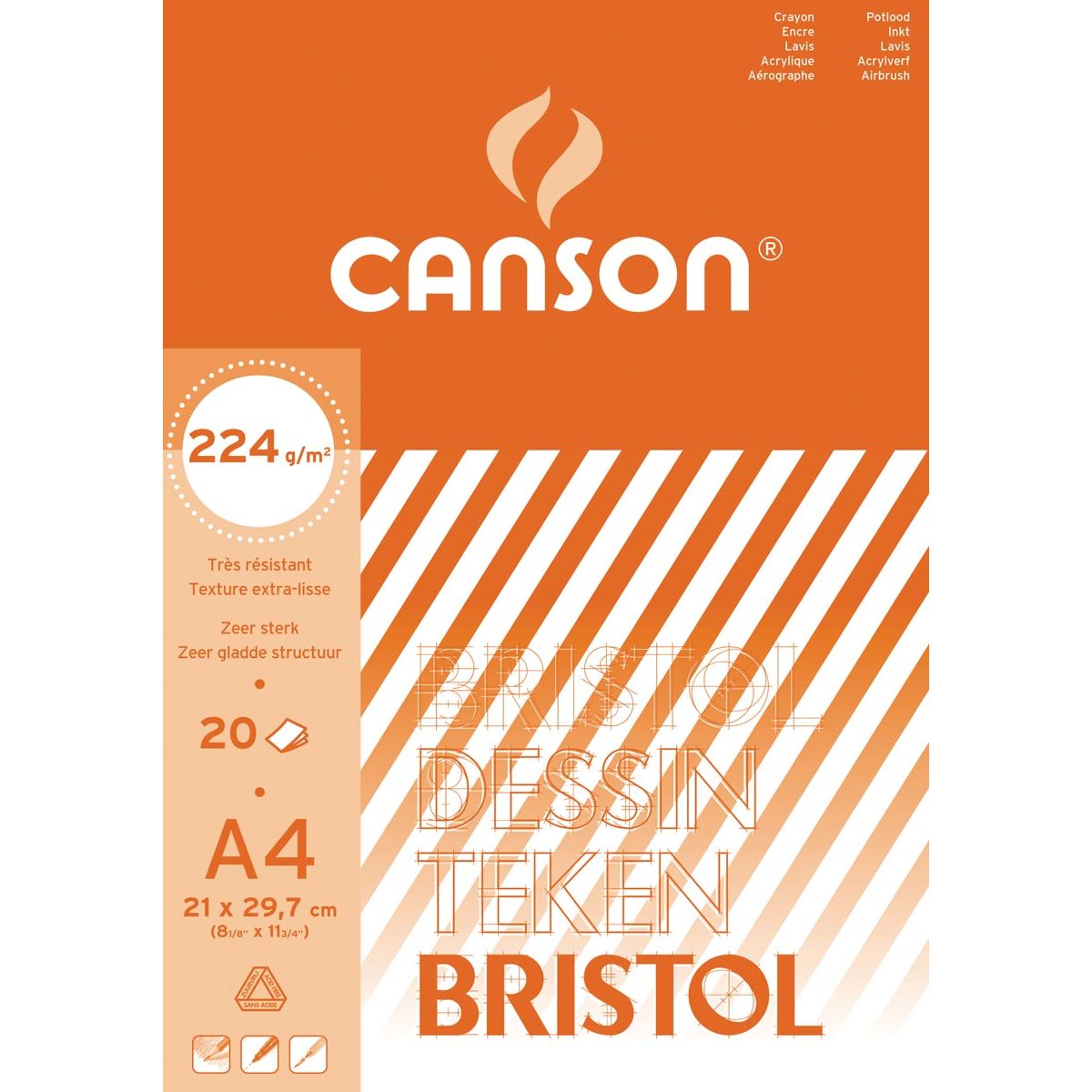 Canson - drawing paper Bristol, 224 g, ft 21 x 29.7 cm, A4, pad of 20 sheets