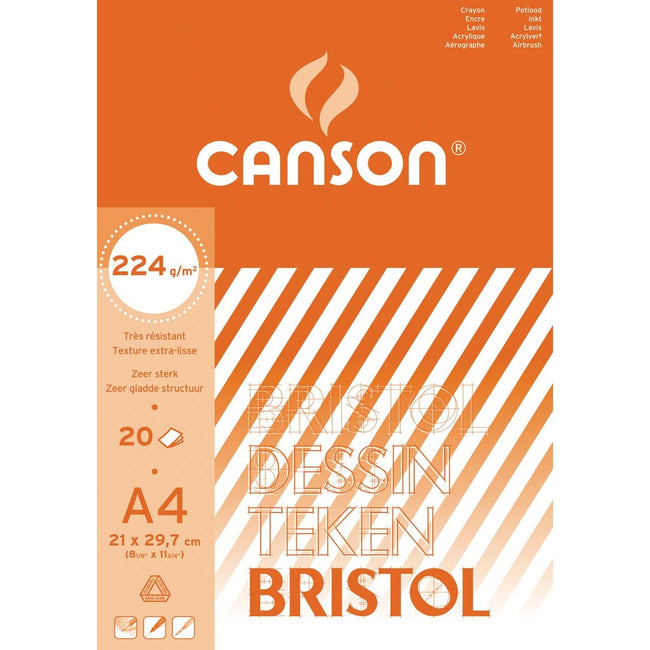 Canson - tekenpapier Bristol, 224 g, ft 21 x 29,7 cm, A4, blok van 20 vel