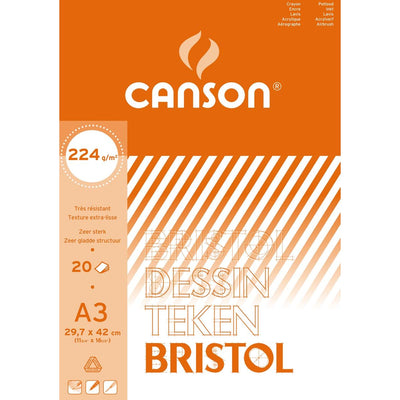 Canson - carta da disegno Bristol, 224 g, ft 29,7 x 42 cm, A3, blocco da 20 fogli