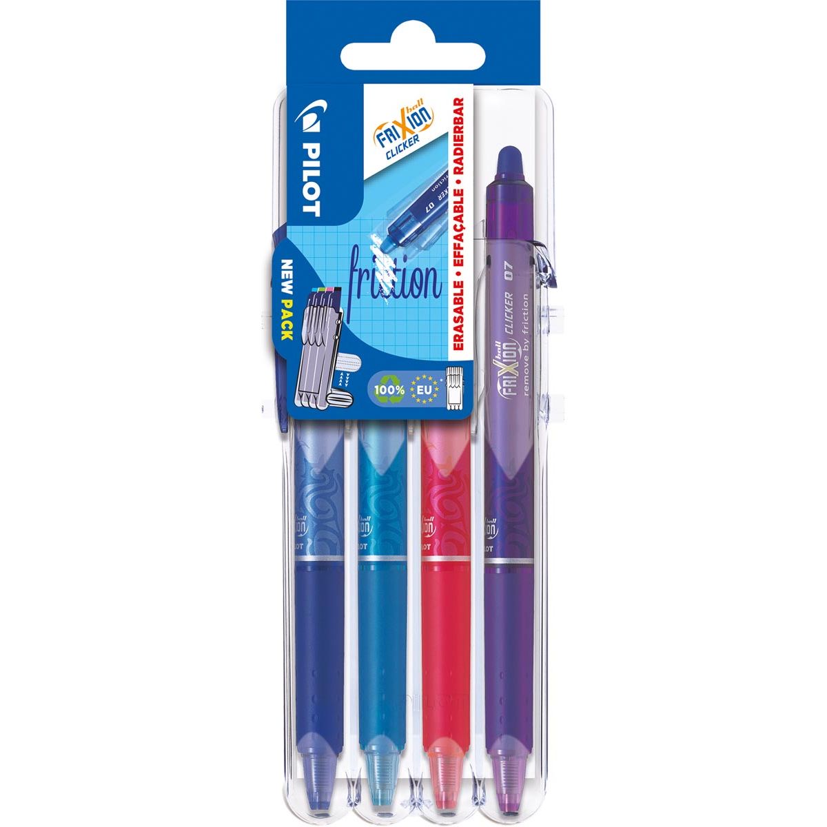 Pilot - roller rétractable FriXion Ball Clicker 2 Go, pointe moyenne, 0,7 mm, blister de 4 pièces