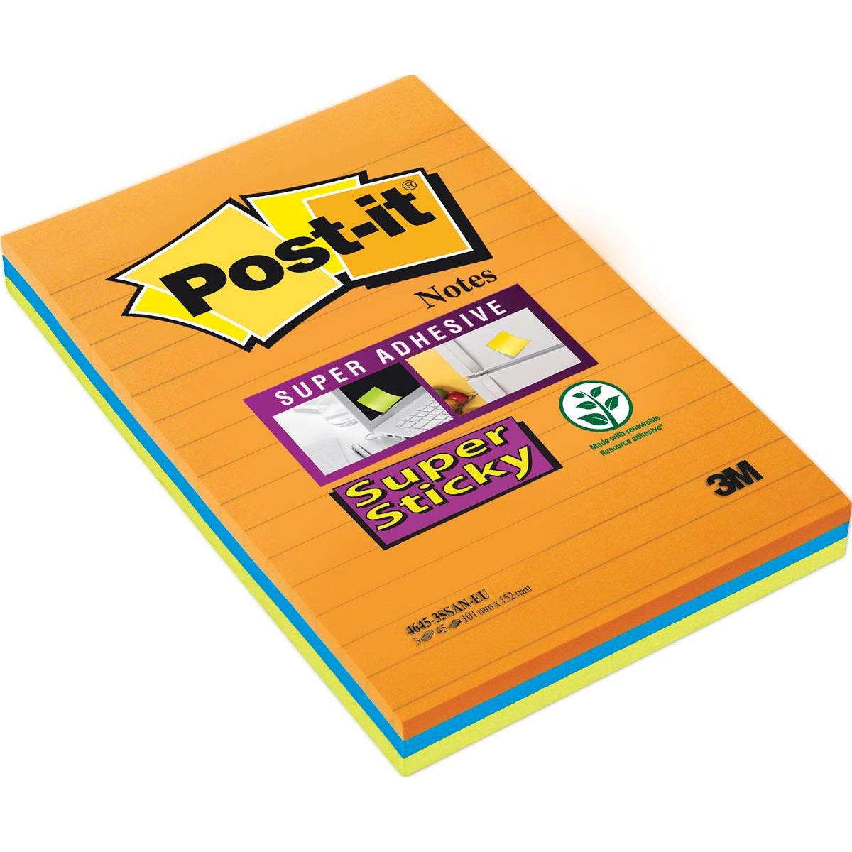 Post-it Super Sticky -   Notes, 45 blaadjes, ft 102 x 152 mm, geassorteerde kleuren, pak van 3