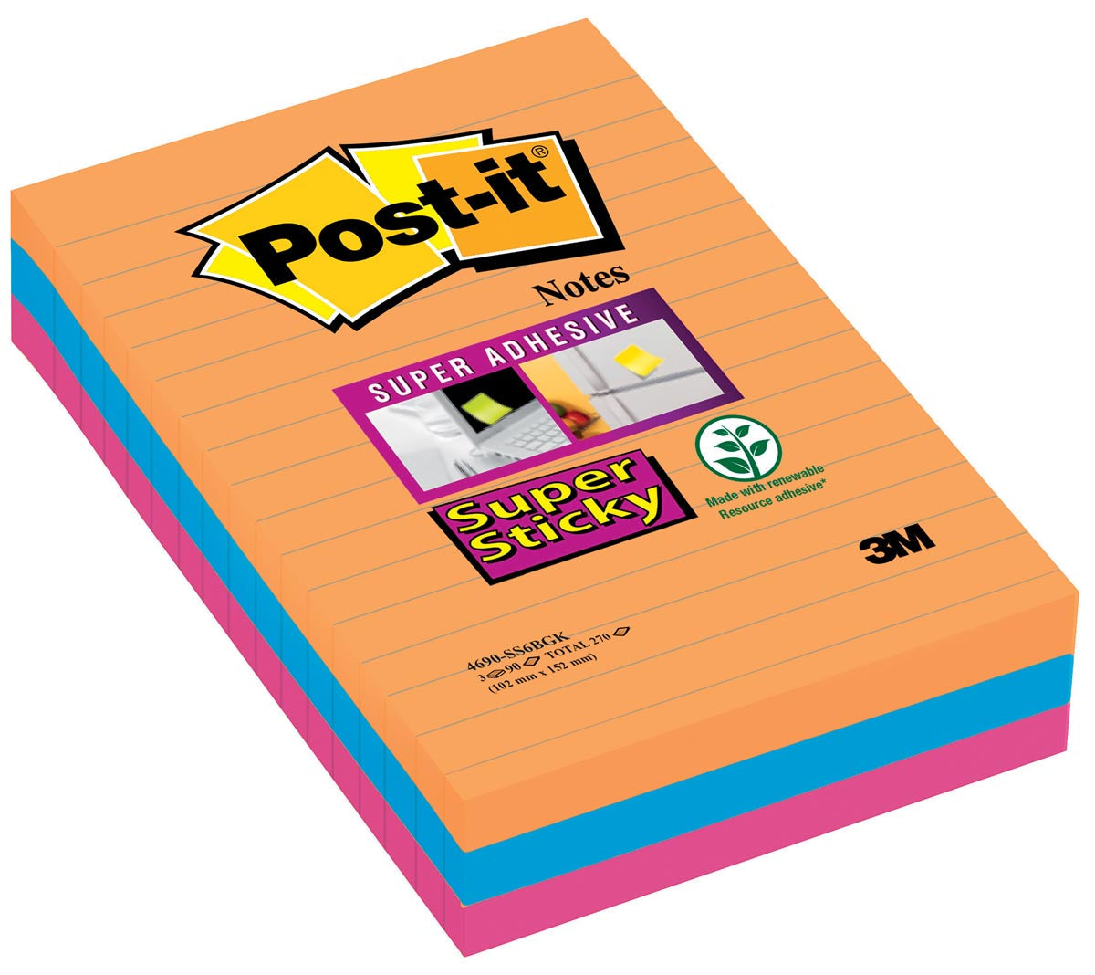 Post -it - Super Sticky Notes xxl boost, 90 feuilles, ft 101 x 152 mm, doublées et couleurs assorties, pack de 3