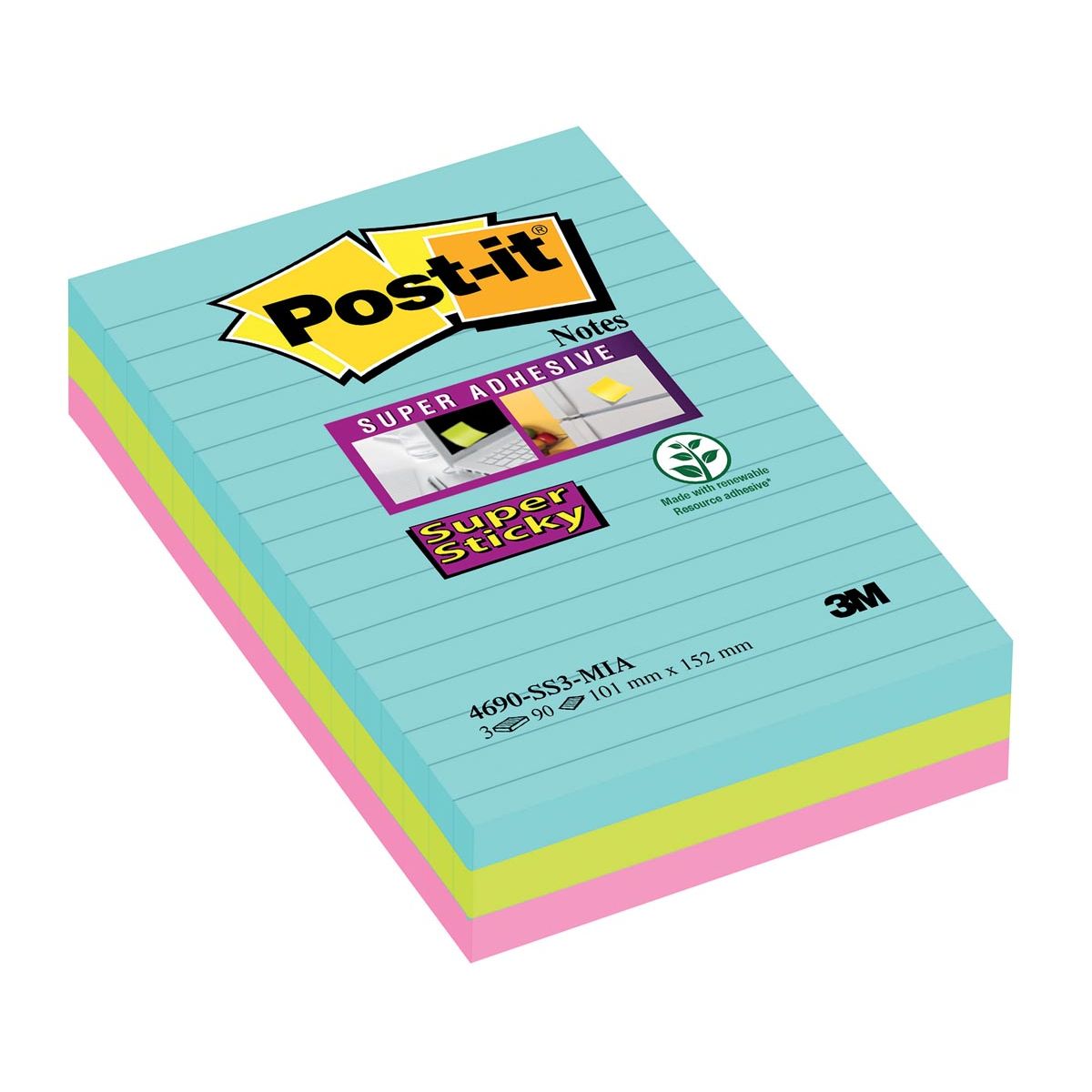 Post-it Super Sticky -  Super Sticky Notes XXL Cosmic, 90 vel, ft 101 X 152 mm, gelijnd, geassorteerde kleuren, pak van 3