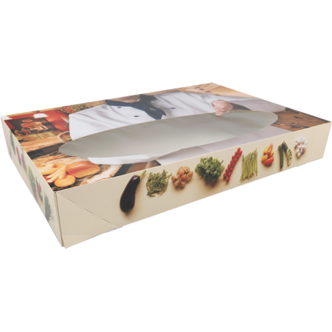 Klika - Catering Box | Bon Appetit | Karton + PLA | 250x358x76mm | mit Fenster | Weiß | 10 Stück