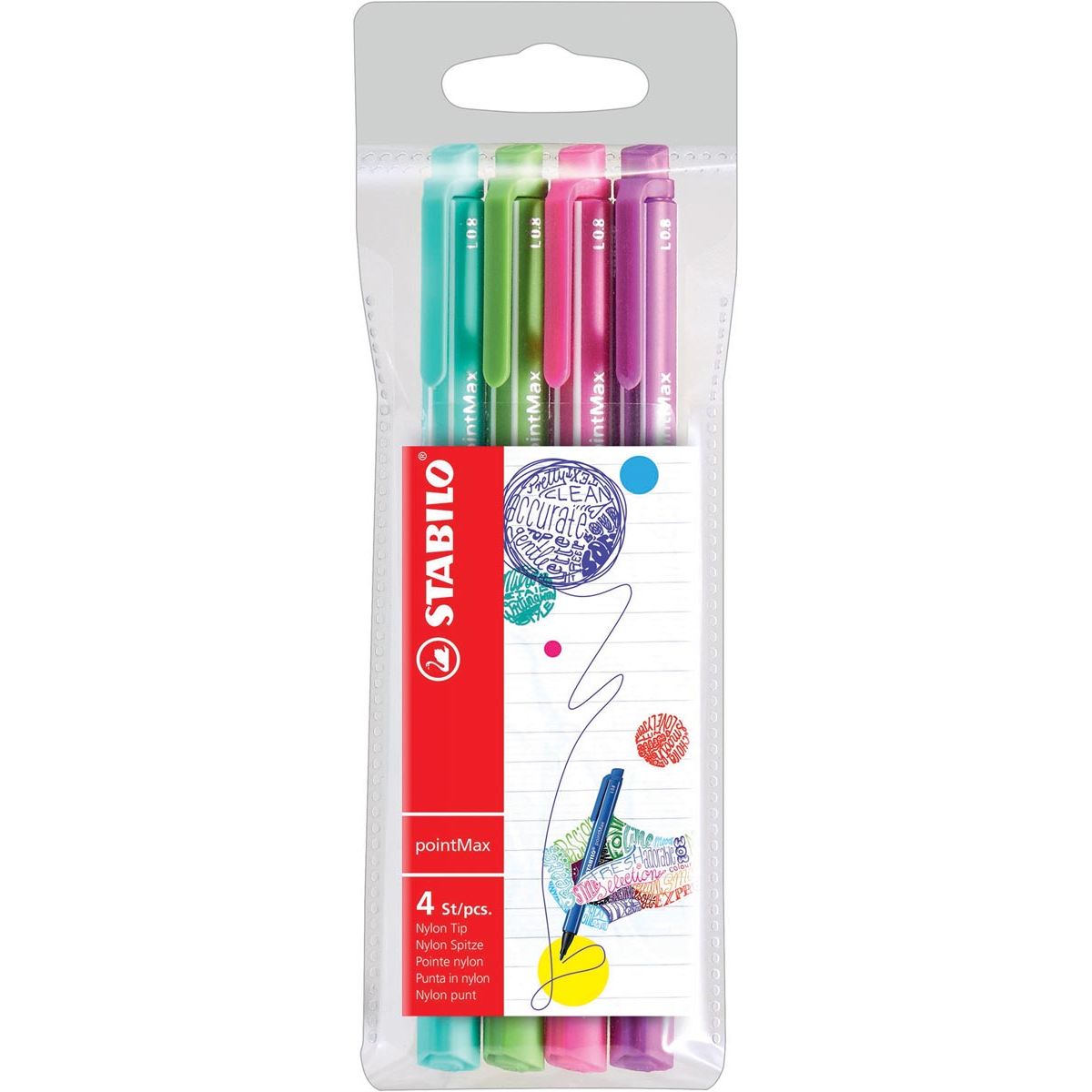 STABILO - bolígrafo de escritura pointMax, 0,8 mm, estuche de 4 unidades en divertidos colores variados