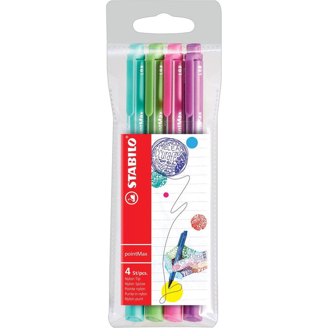 STABILO - bolígrafo de escritura pointMax, 0,8 mm, estuche de 4 unidades en divertidos colores variados