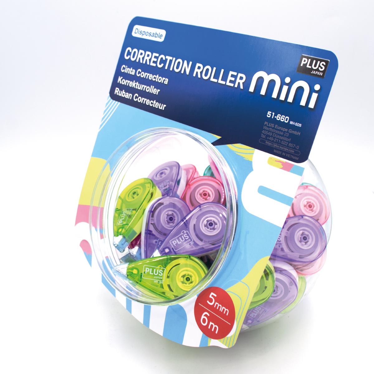 Plus - correction roller Mini count, 6 m x 5 mm, display of 50 pieces in assorted colors