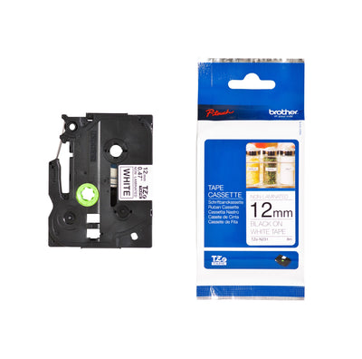 Brother -  Gloss Non-Laminated Labelling e 12mm, Black/White labelprinter-e TZ