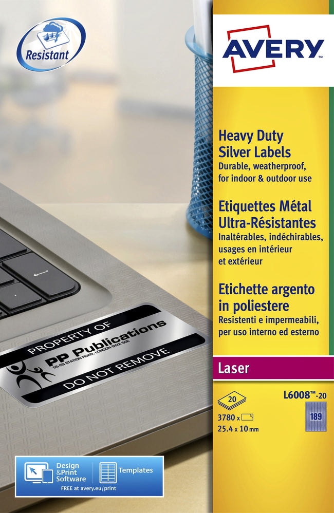 Avery -  Etiket  l6008-20 25.4x10mm zilver 3780st | 5 stuks