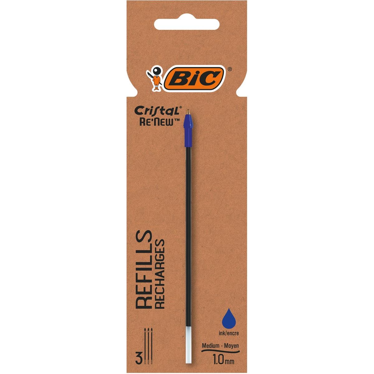 Bic -  Cristal Re-New balpenvulling, medium, 3 st, blauw