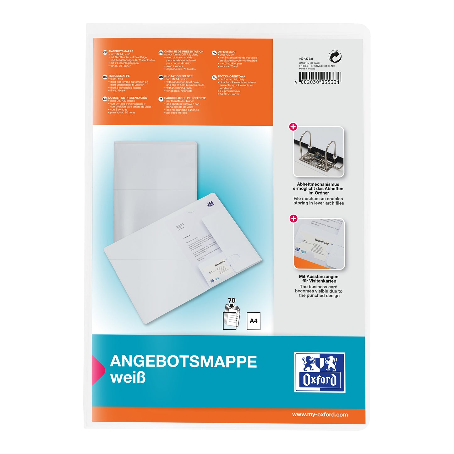 Oxford - Quotation folder A4 with insert pocket 2 flaps 0.5mm PP white