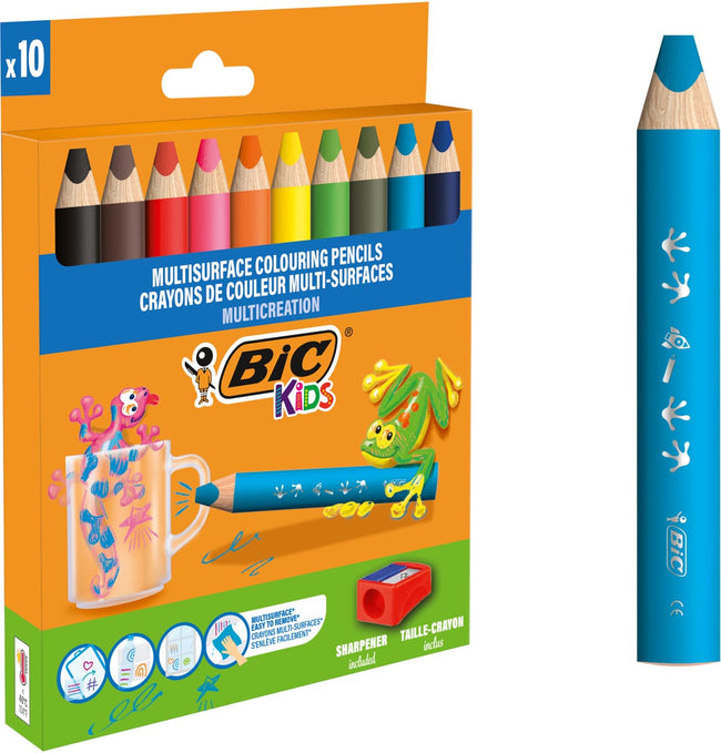 Bic Kids - Lápices de Colores Kids Multi Superficie + sacapuntas surtido 10 piezas