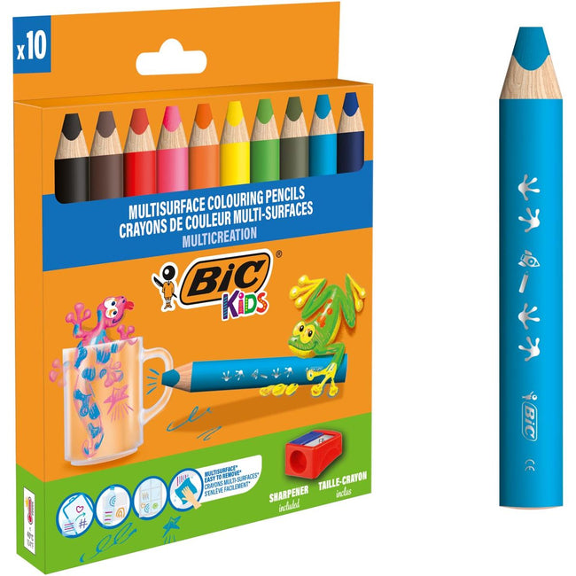 BIC Kids - Kids Colored Bleistift Multis Hurface, Assorti, Tasche von 10 Teilen + Mühle