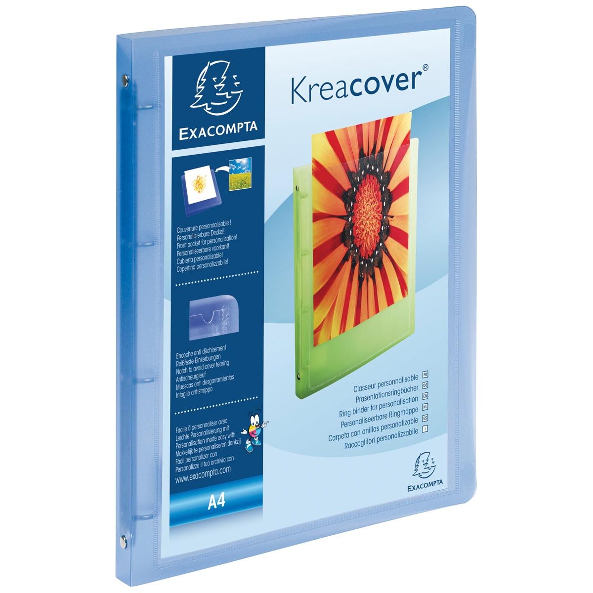 Exacompta - Personaliseerbare ringmap Kreacover 4 ringen, transparant blauw