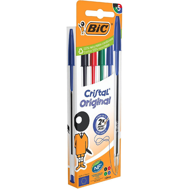 BIC -  Cristal balpen, medium, blister van 5 stuks: zwart, rood, groen en 2 x blauw
