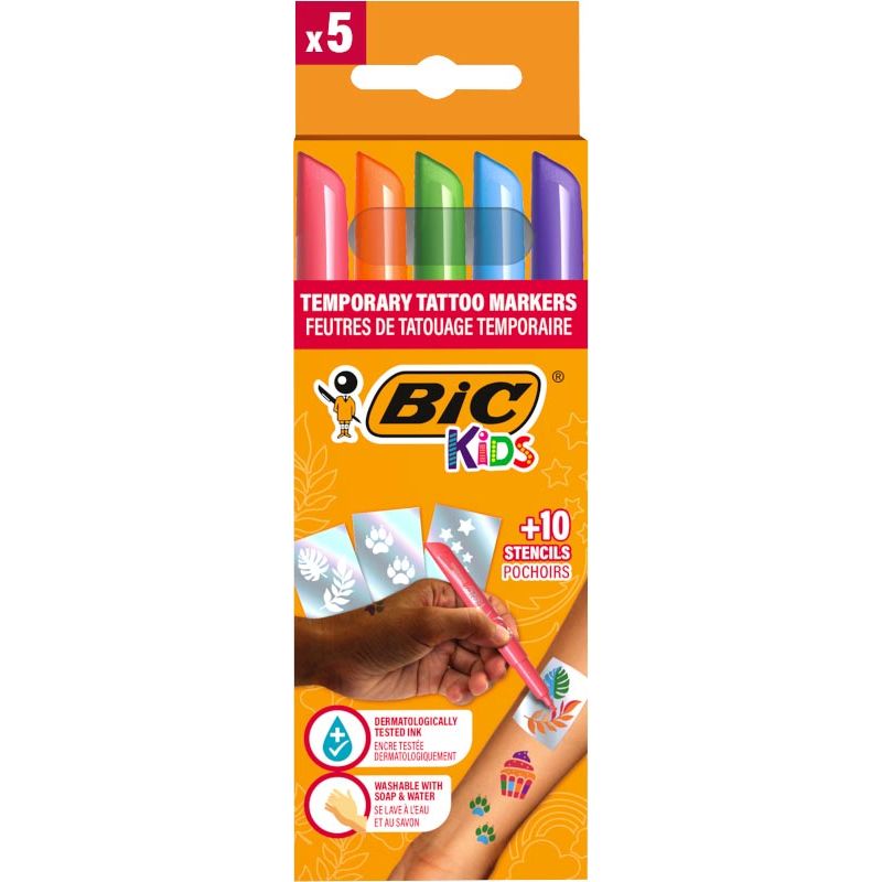 Bic Kids - Set de marcadores de tatuajes para niños, surtidos, set de 5 bolígrafos y 10 plantillas