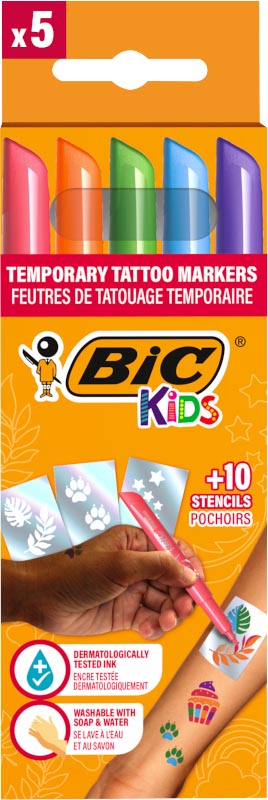 Bic Kids - Set pennarelli per tatuaggi per bambini, assortiti, set di 5 penne e 10 stencil