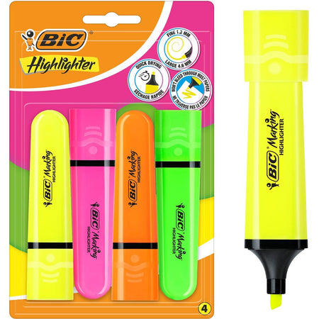 BIC -  markeerstift Highlighter Flat, geassorteerde kleuren, blister van 4 stuks