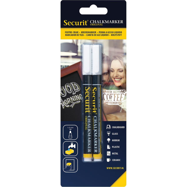 Securit - marqueur craie fine, blister de 2 pièces, blanc