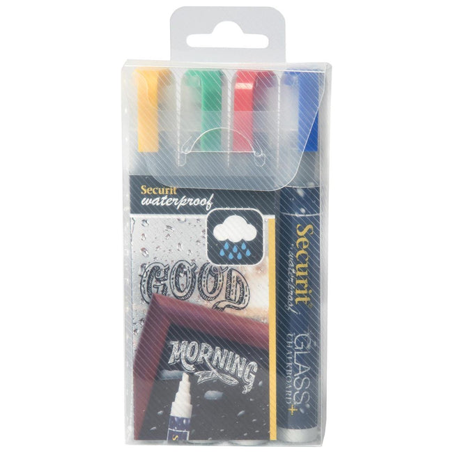 Securit - Waterproof krijtmarker medium, blister met 4 stuks in geassorteerde kleuren